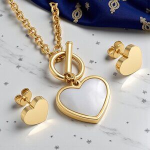 18K Gold Plated Heart Jewelry Set 💖Dainty Earrings & Necklace w/ Shell Inlay
